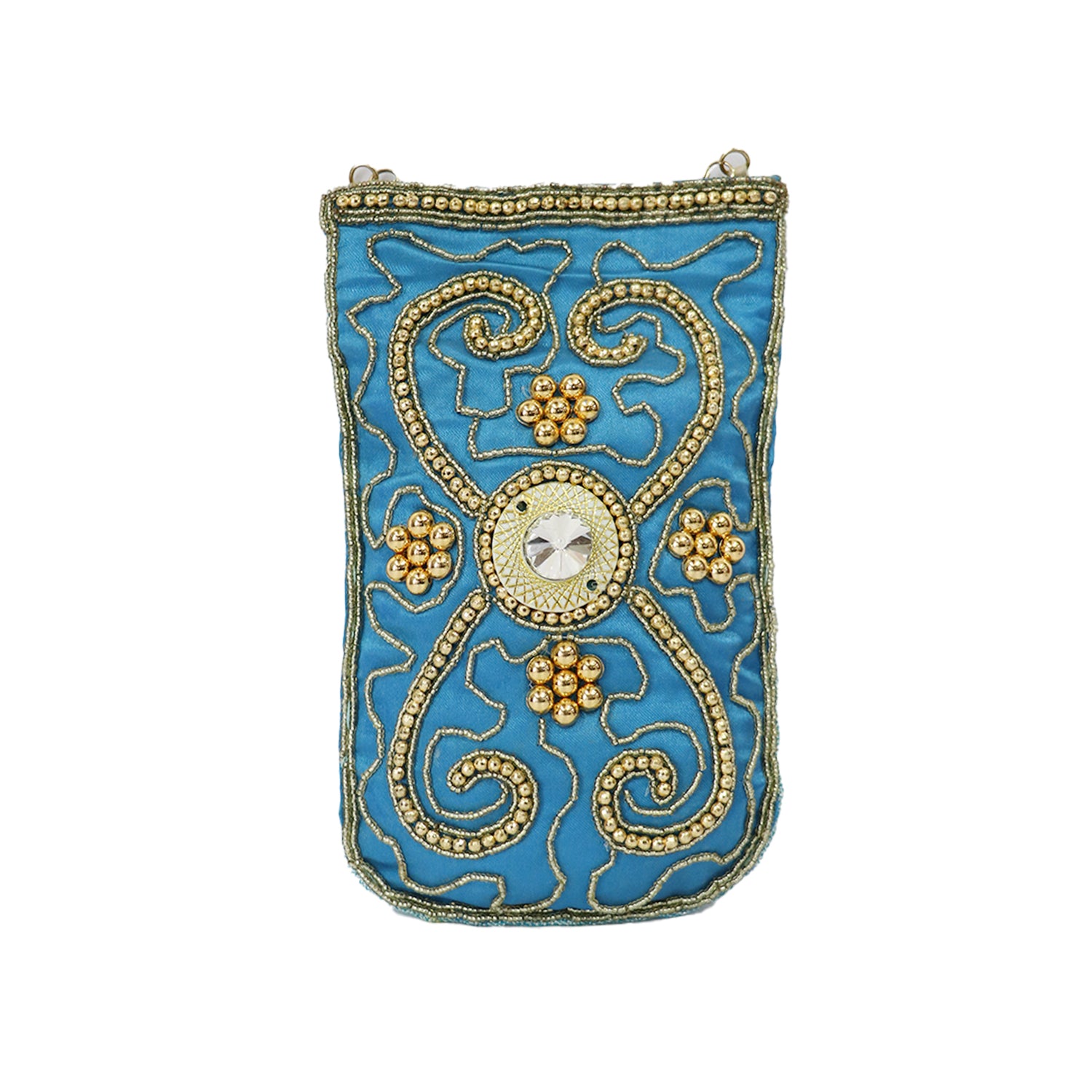 Women’s Embellished Mobile Pouch with Bead Work - Blue