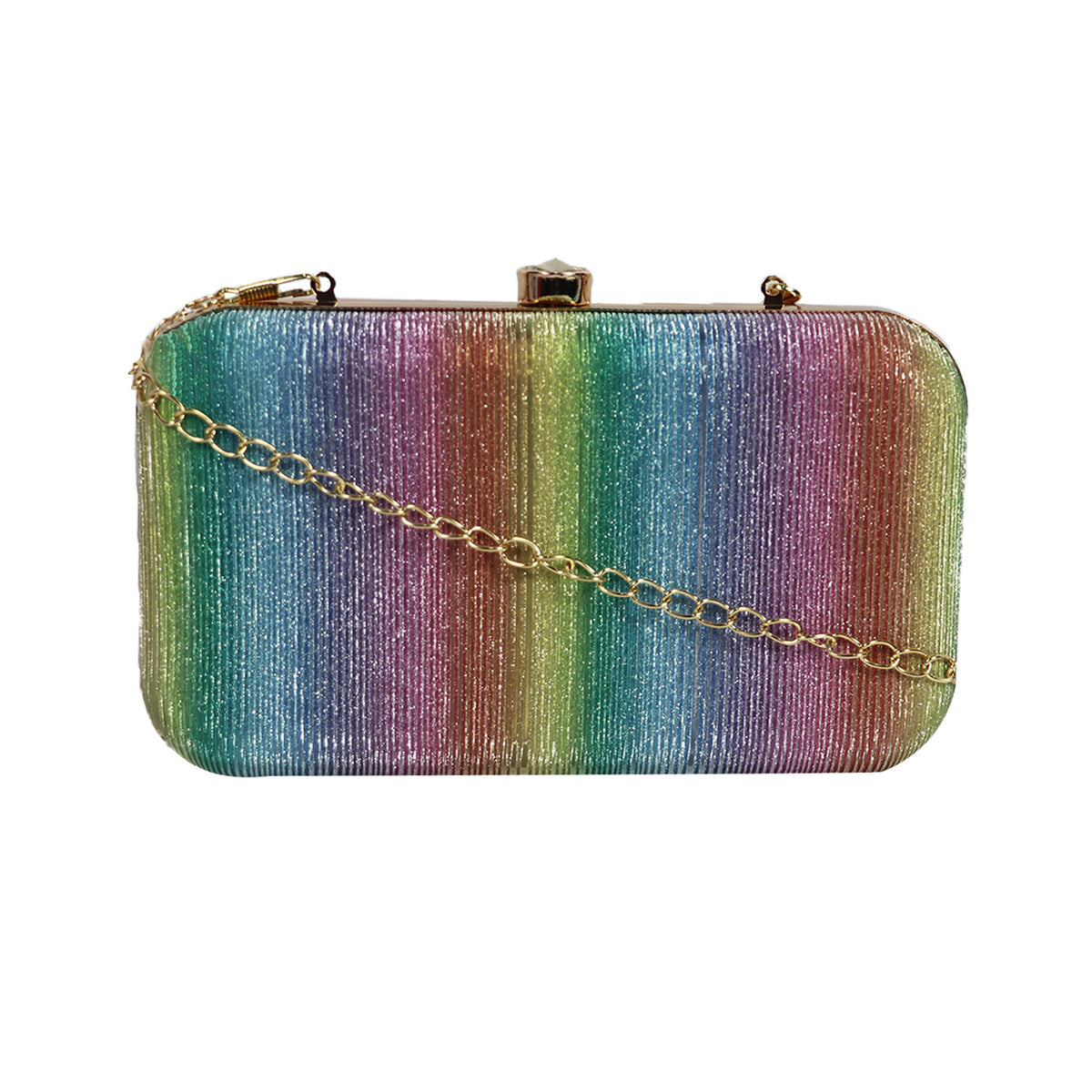 Women’s Rainbow Metallic Box Clutch with Gold Frame
