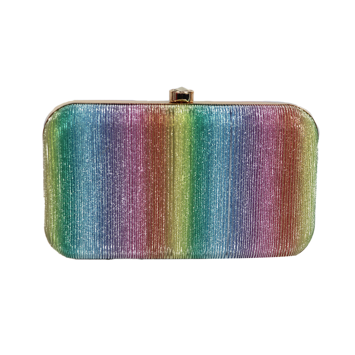 Women’s Rainbow Metallic Box Clutch with Gold Frame