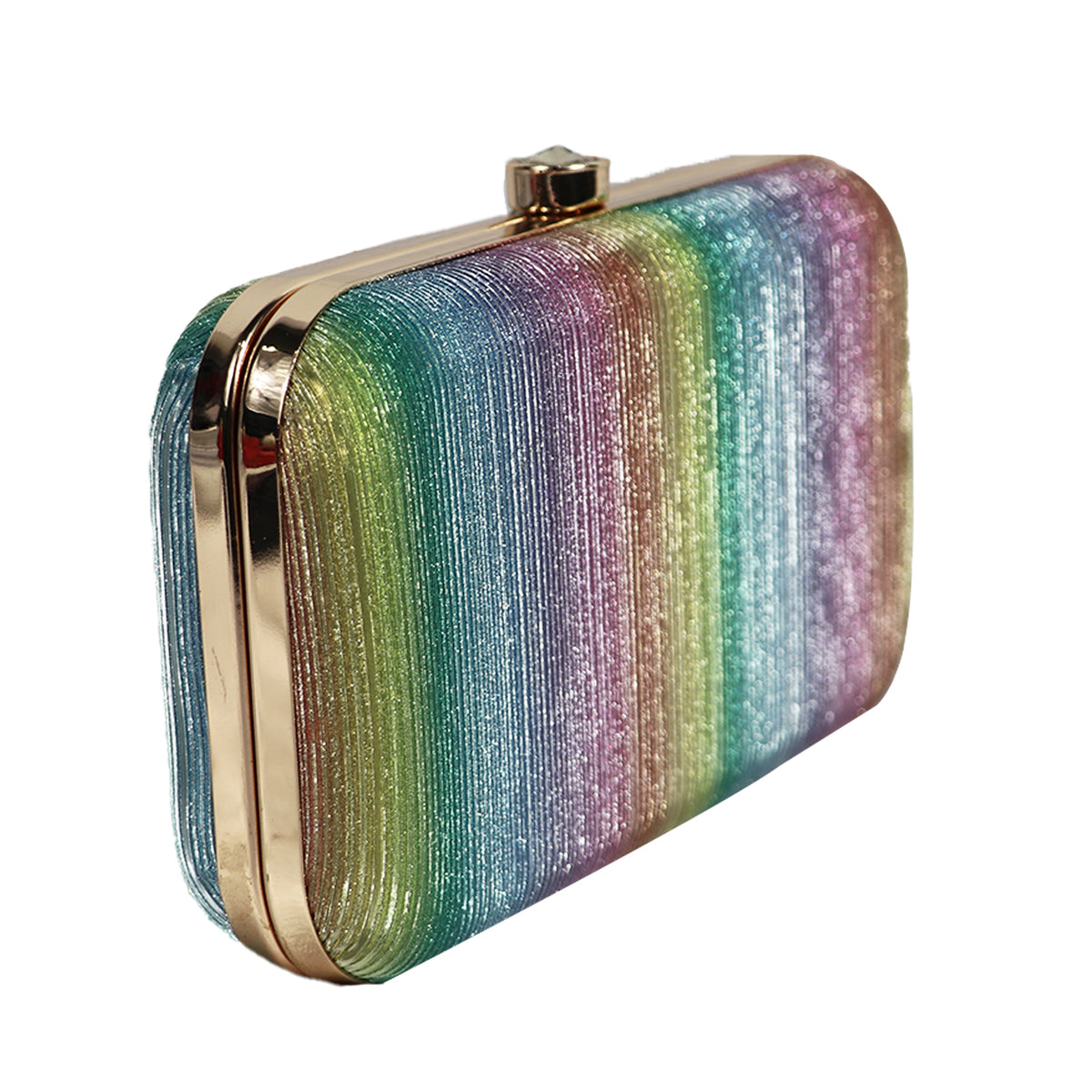 Women’s Rainbow Metallic Box Clutch with Gold Frame