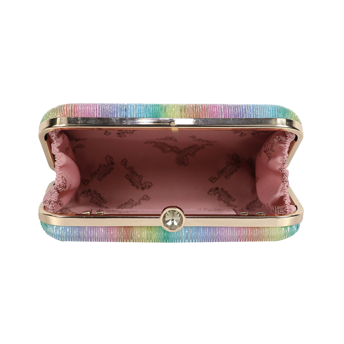 Women’s Rainbow Metallic Box Clutch with Gold Frame
