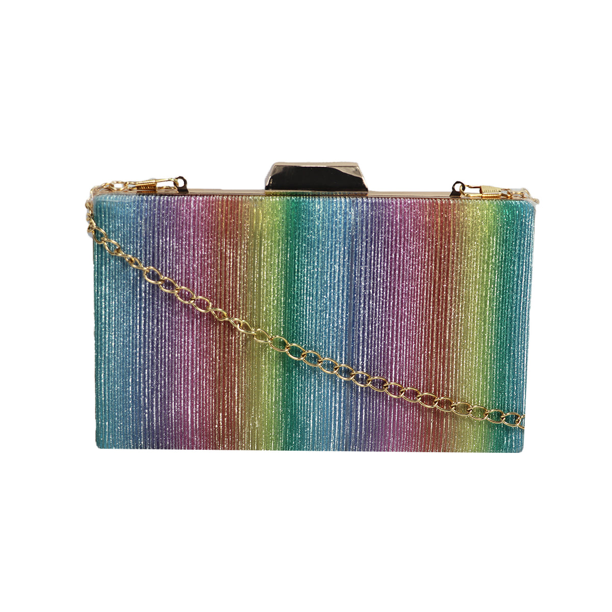 Women’s Rainbow Metallic Box Clutch with Gold Frame