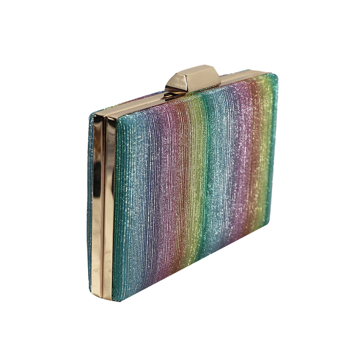 Women’s Rainbow Metallic Box Clutch with Gold Frame