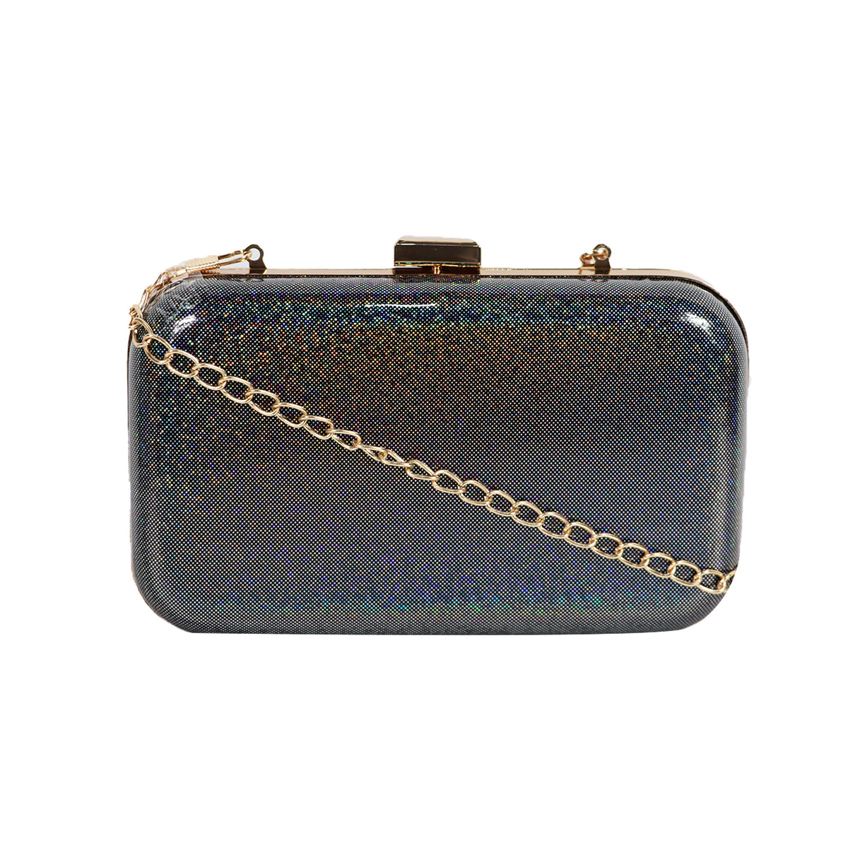 Women’s Rainbow Metallic Box Clutch with Gold Frame