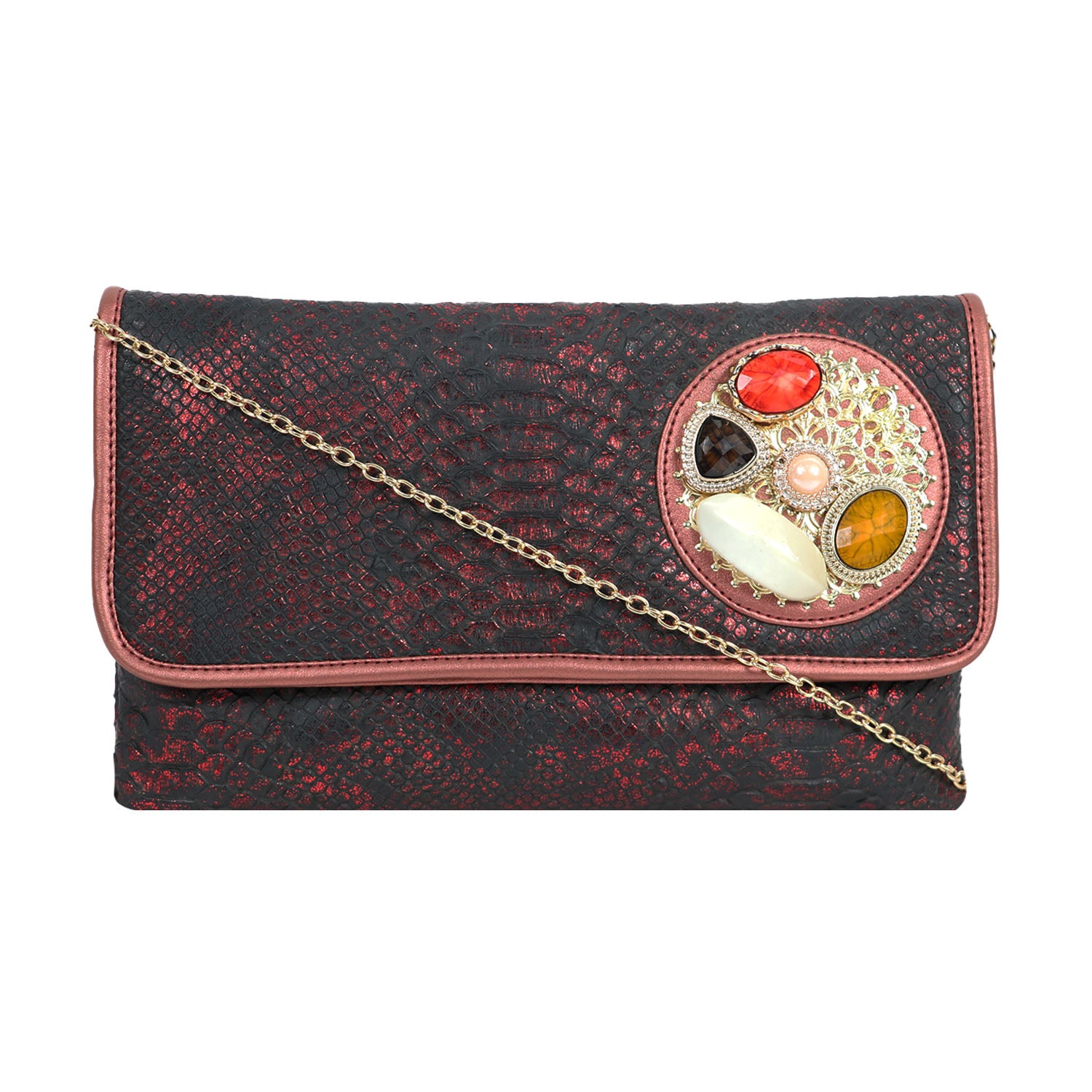 Women’s Woven Flap Clutch with Detachable Chain Strap - darkh maroon