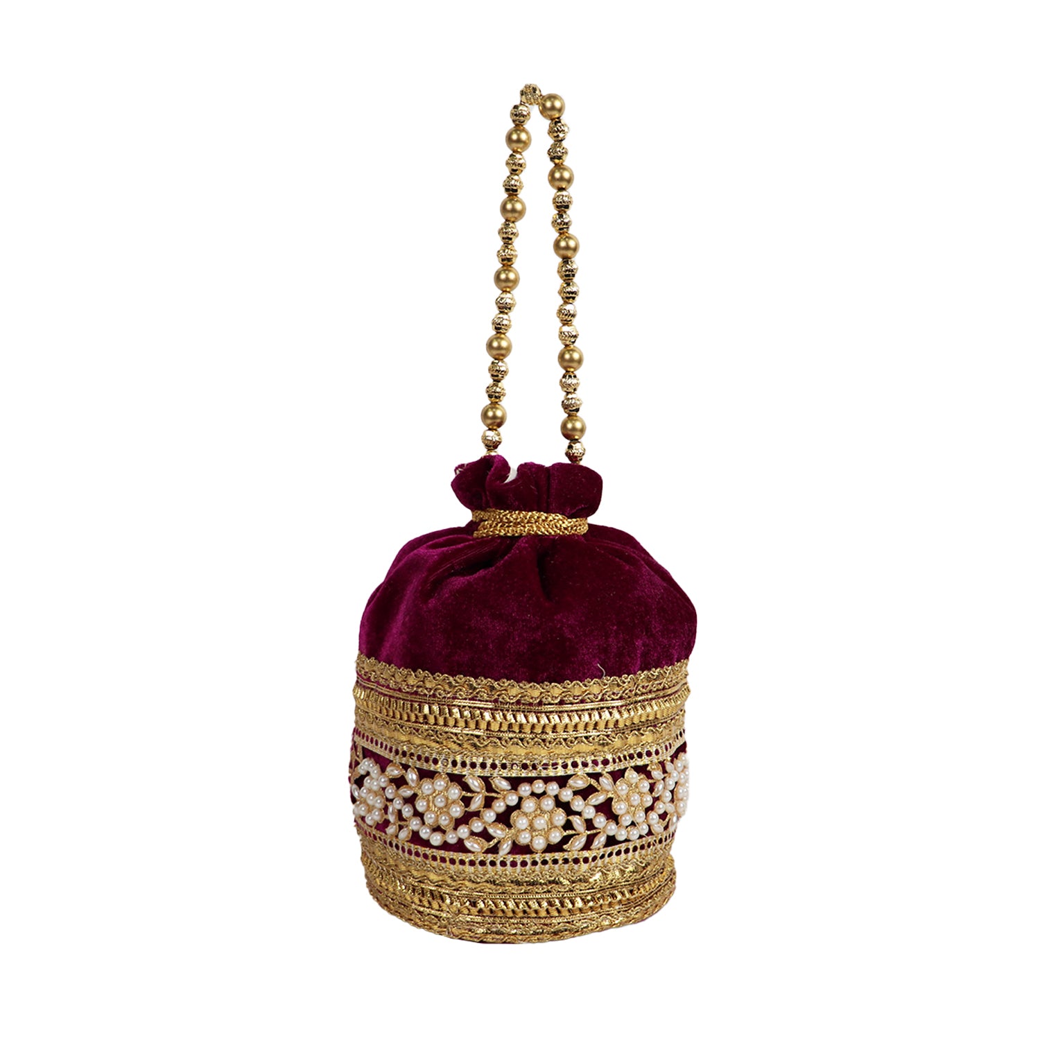 Women’s Velvet Potli Bag with Gold Embroidery & Pearl Detailing - marron
