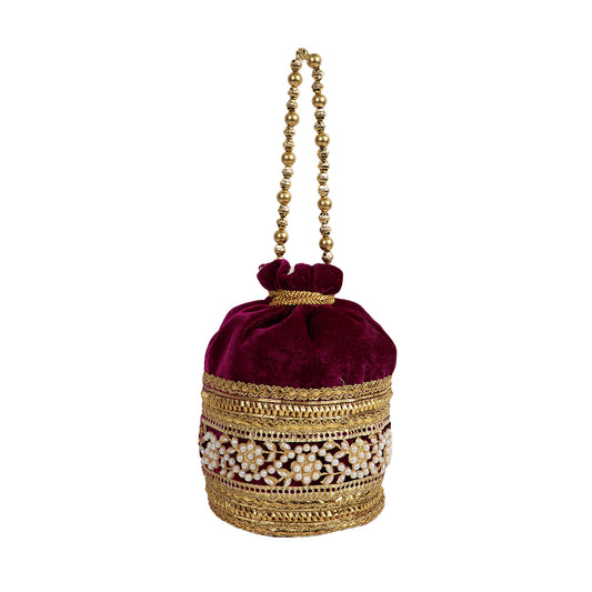 Women’s Velvet Potli Bag with Gold Embroidery & Pearl Detailing