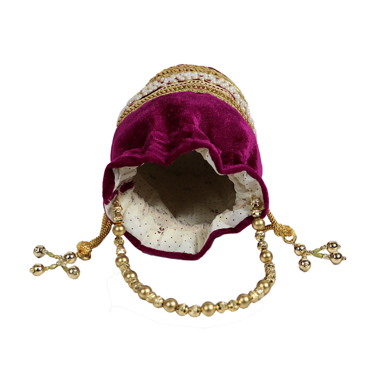 Women’s Velvet Potli Bag with Gold Embroidery & Pearl Detailing