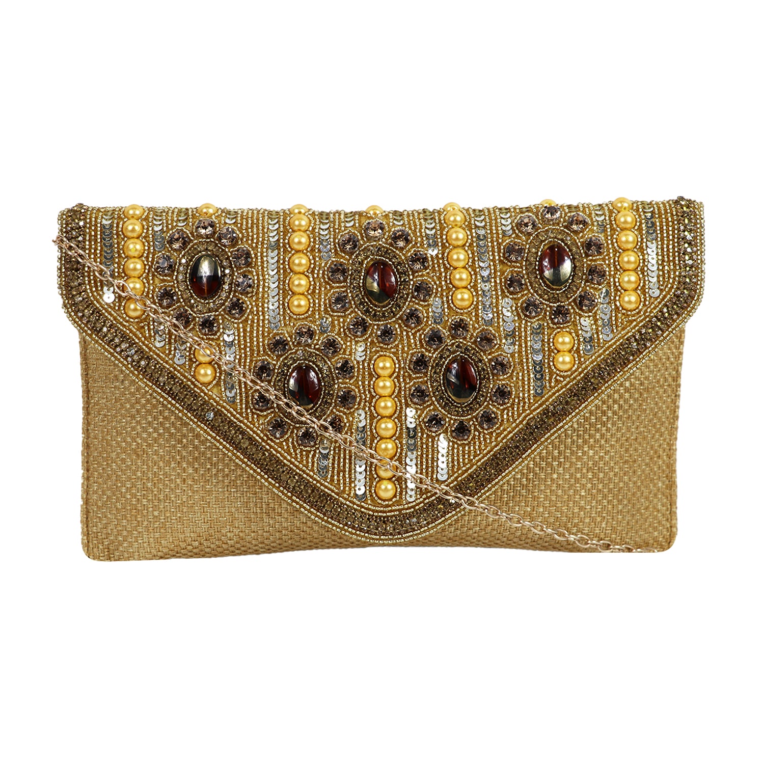 Women’s Gold Embroidered Stone & Pearl Envelope Clutch with Chain Strap - Gold
