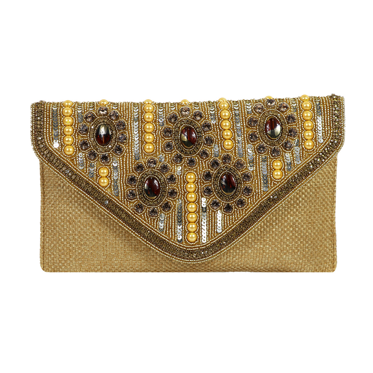 Women’s Gold Embroidered Stone & Pearl Envelope Clutch with Chain Strap