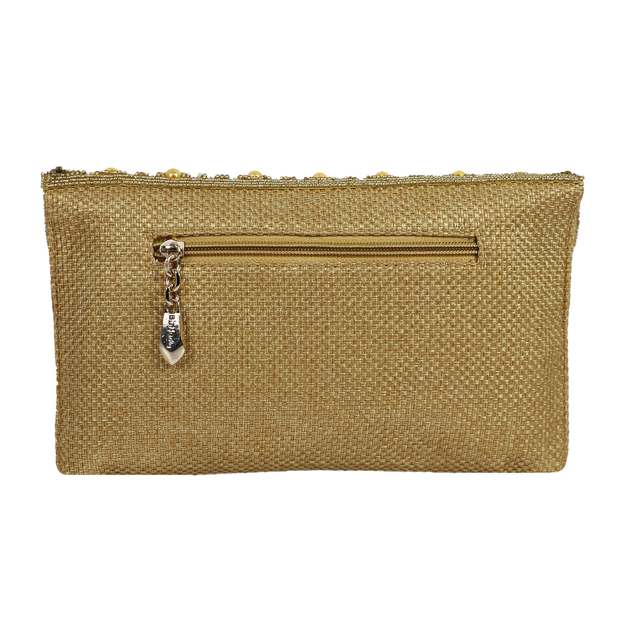 Women’s Gold Embroidered Stone & Pearl Envelope Clutch with Chain Strap