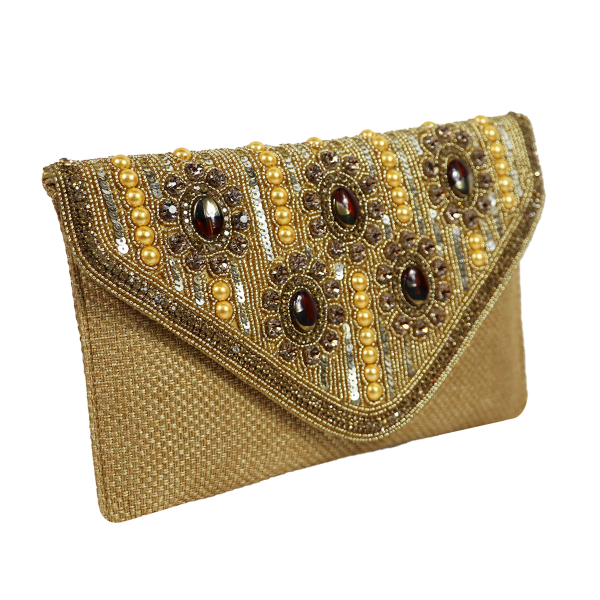 Women’s Gold Embroidered Stone & Pearl Envelope Clutch with Chain Strap