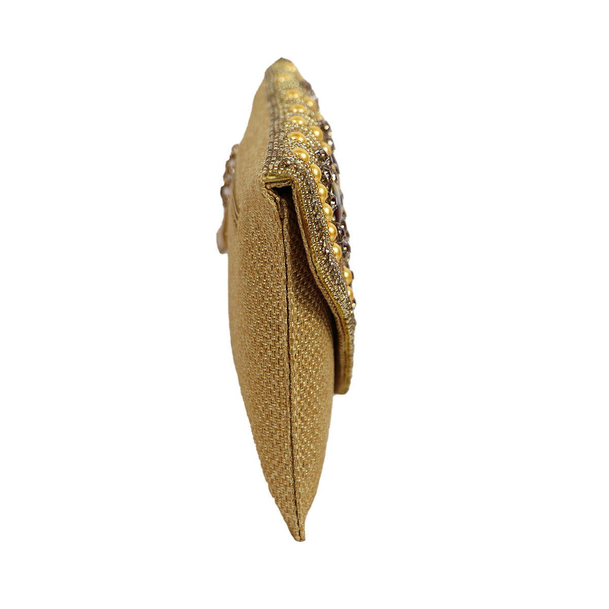 Women’s Gold Embroidered Stone & Pearl Envelope Clutch with Chain Strap
