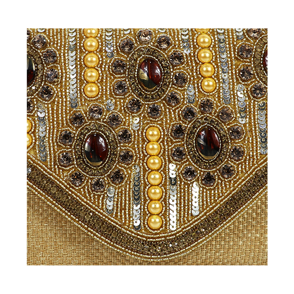 Women’s Gold Embroidered Stone & Pearl Envelope Clutch with Chain Strap