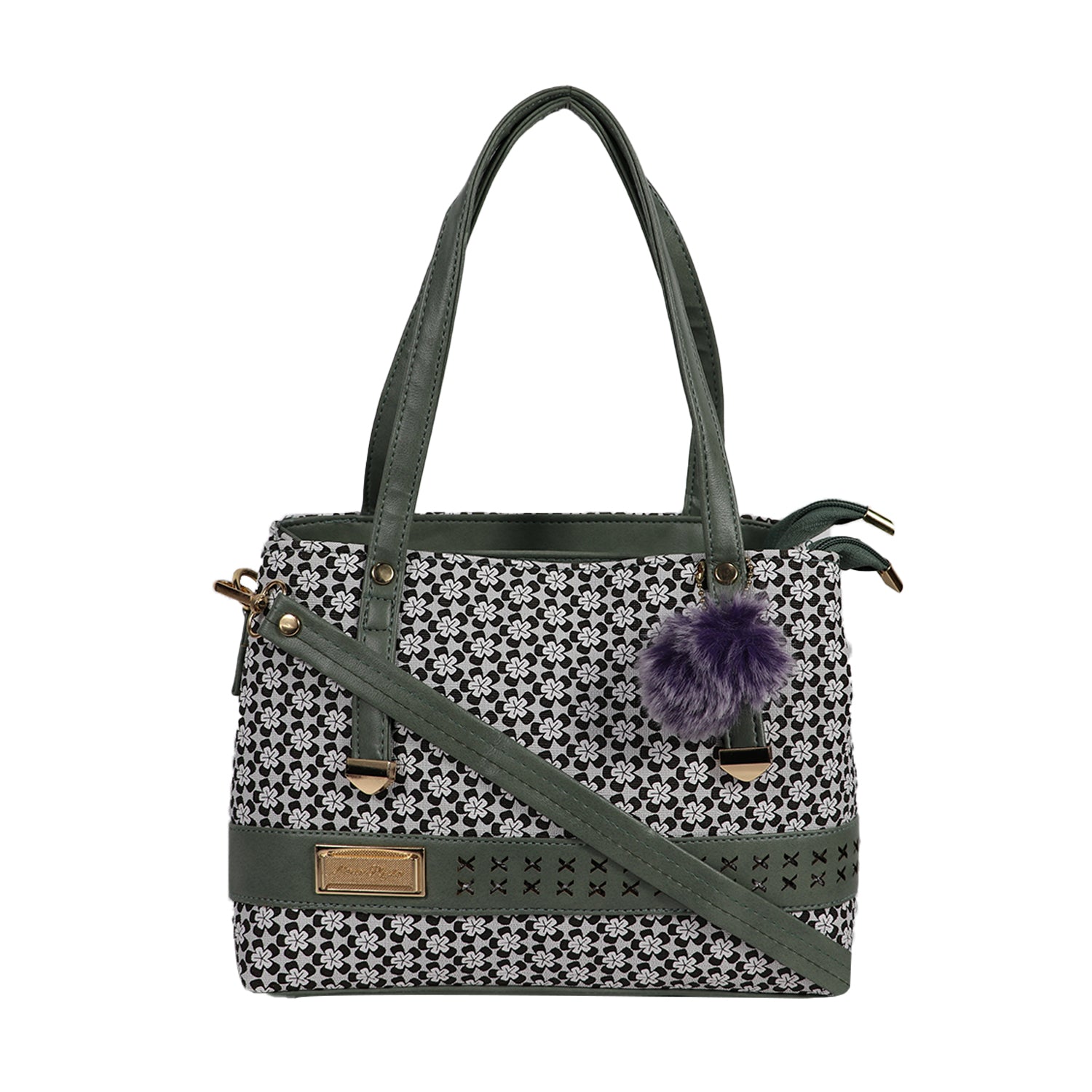 Women’s Floral Print Tote Handbag with Detachable Sling Strap - black