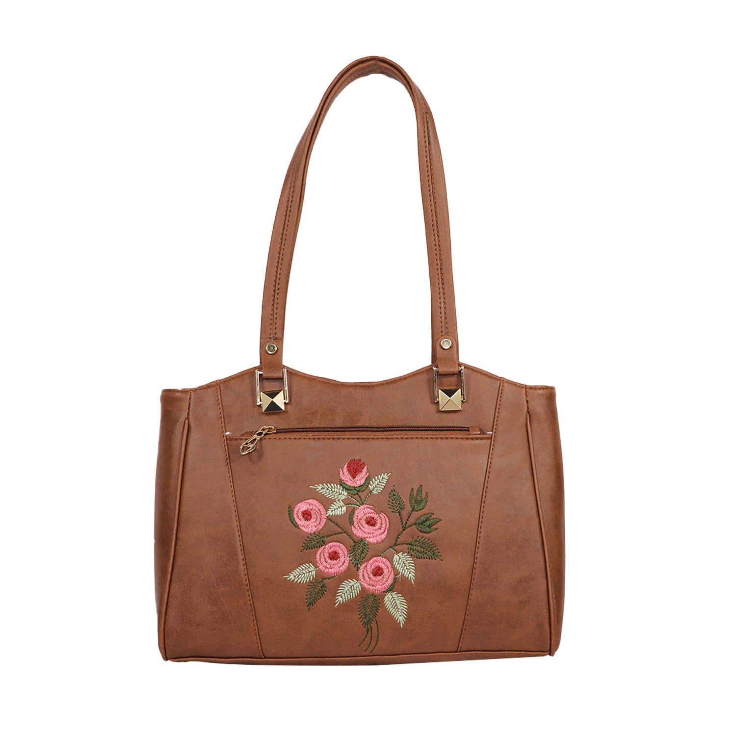 Women’s Brown Floral Embroidered Shoulder Tote Bag - Brown