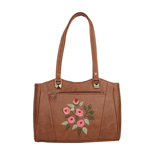 Women’s Brown Floral Embroidered Shoulder Tote Bag