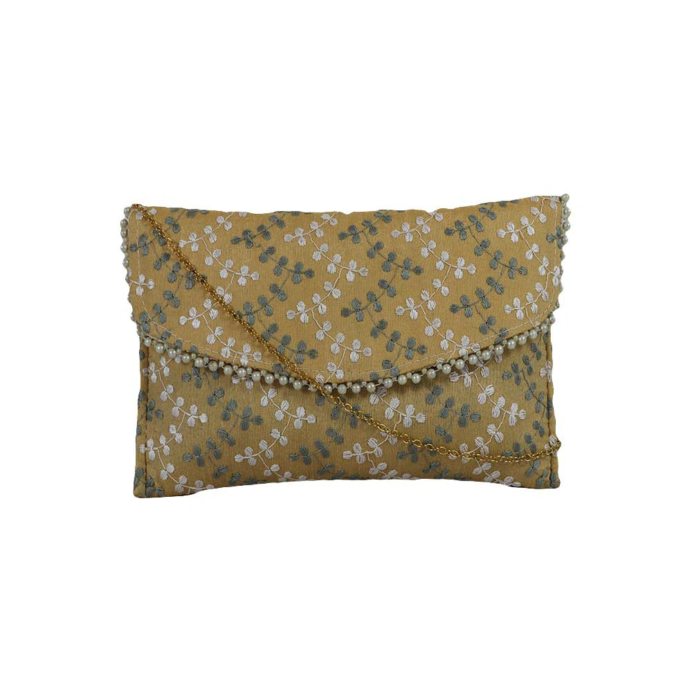 Women’s Floral Embroidered Clutch with Pearl Lace - beige