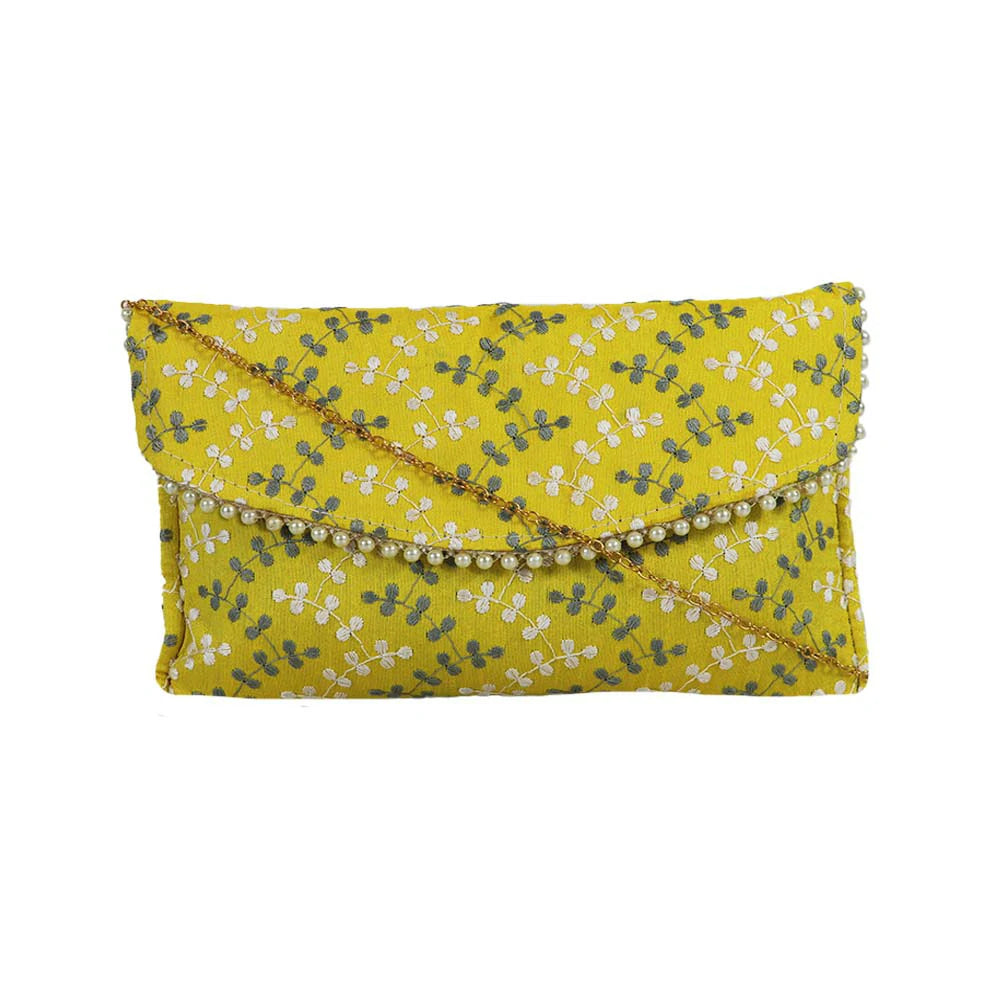 Women’s Floral Embroidered Clutch with Pearl Lace
