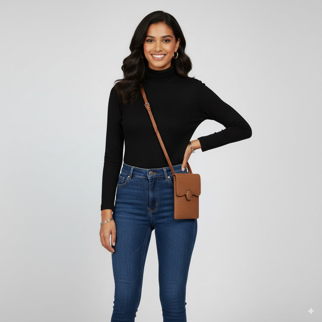 Compact Everyday Sling with Stylish Texture - Tan Brown