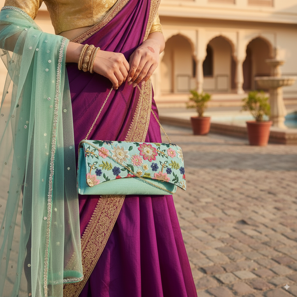 Floral Embroidered Clutch with Sequin Detailing - Blue