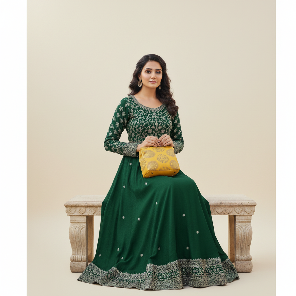 Brocade Handbag with Circular Motif and Wooden Handles - Orange