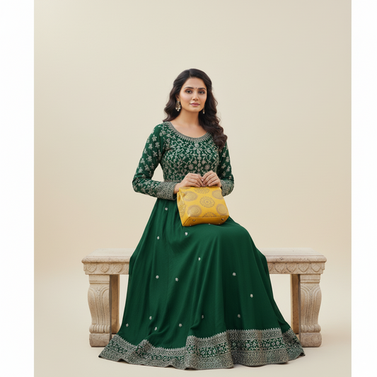 Brocade Handbag with Circular Motif and Wooden Handles