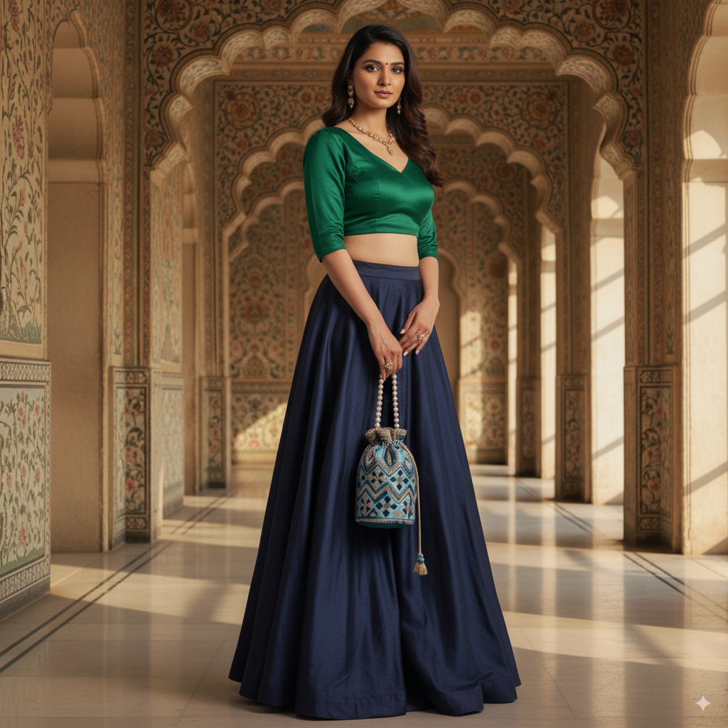 Elegant Embroidered Potli Bag with Pearl Handle - Blue
