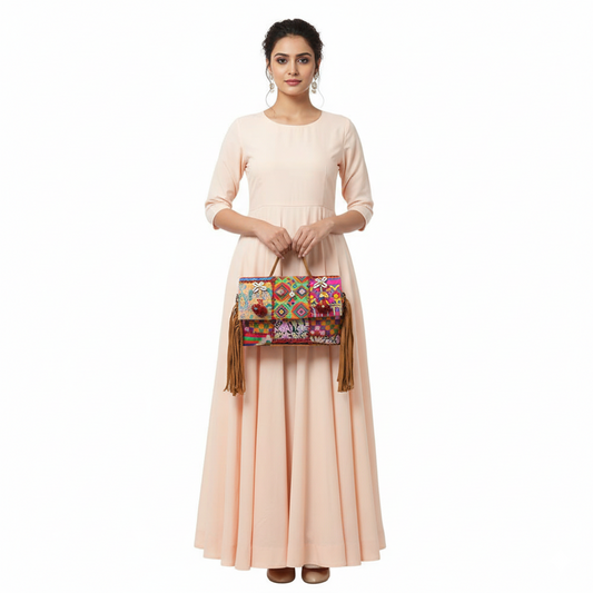 Bohemian Patchwork Fringe Handbag with Tribal Embellishments