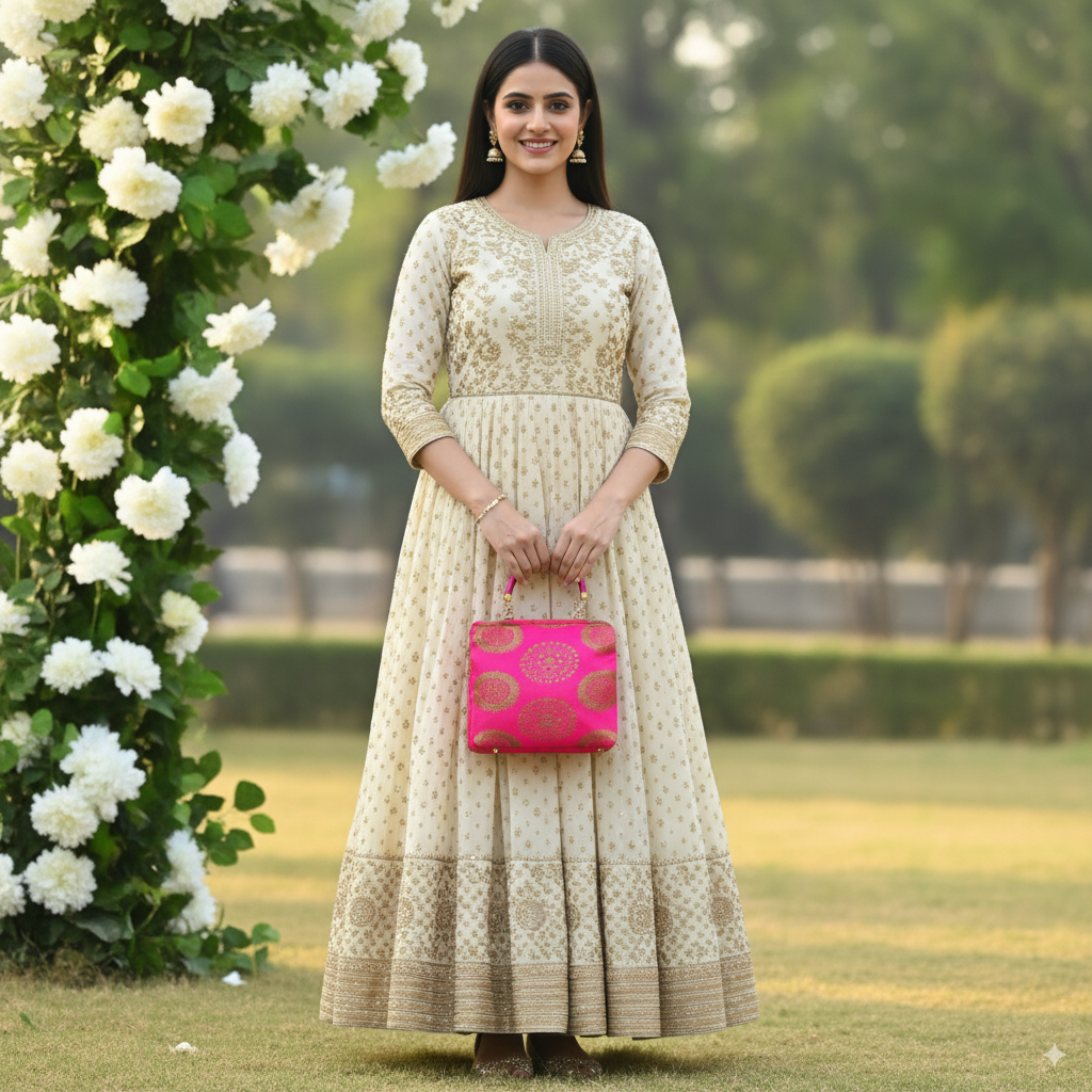 Brocade Handbag with Circular Motif and Wooden Handles - Pink