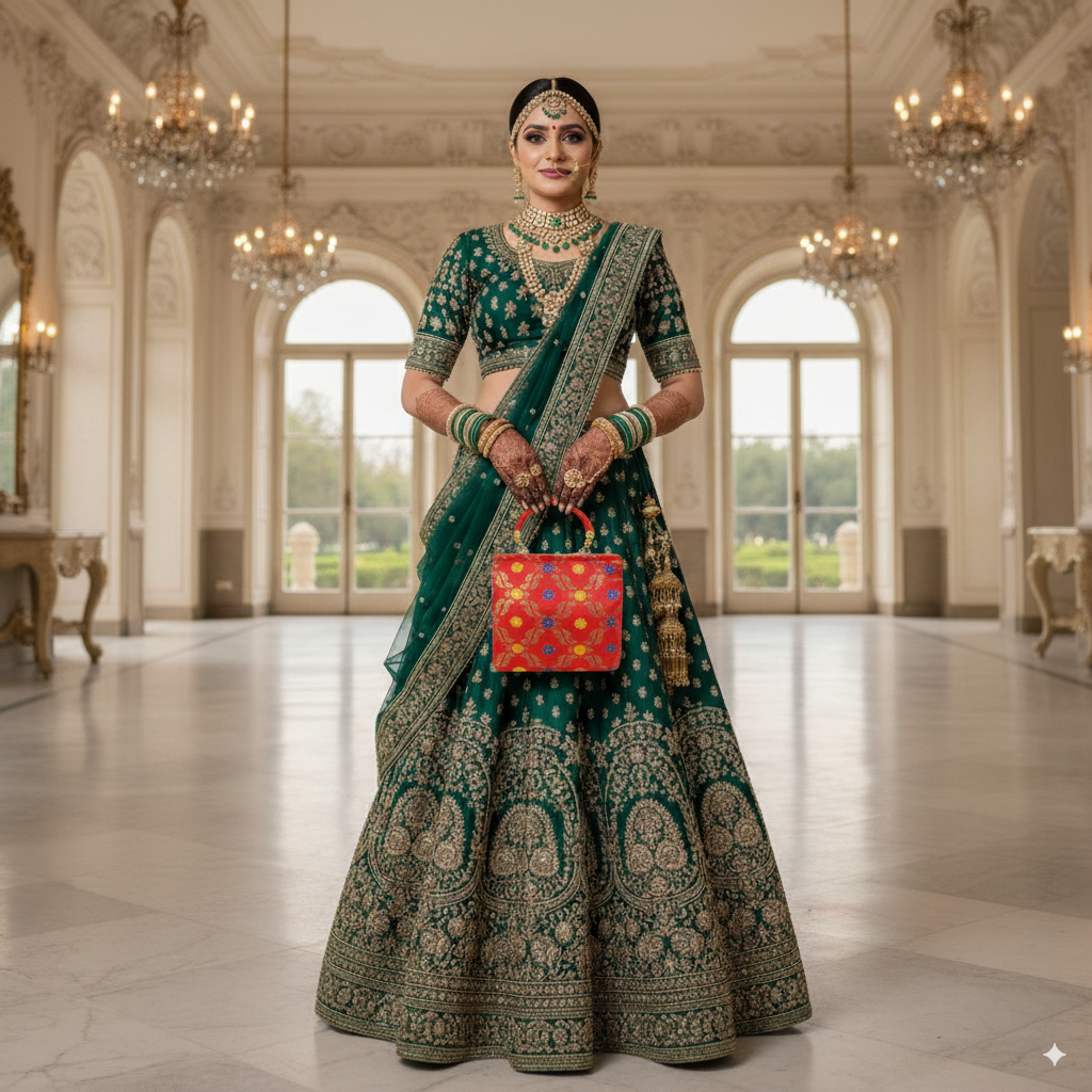 Brocade Handbag with Circular Motif and Wooden Handles