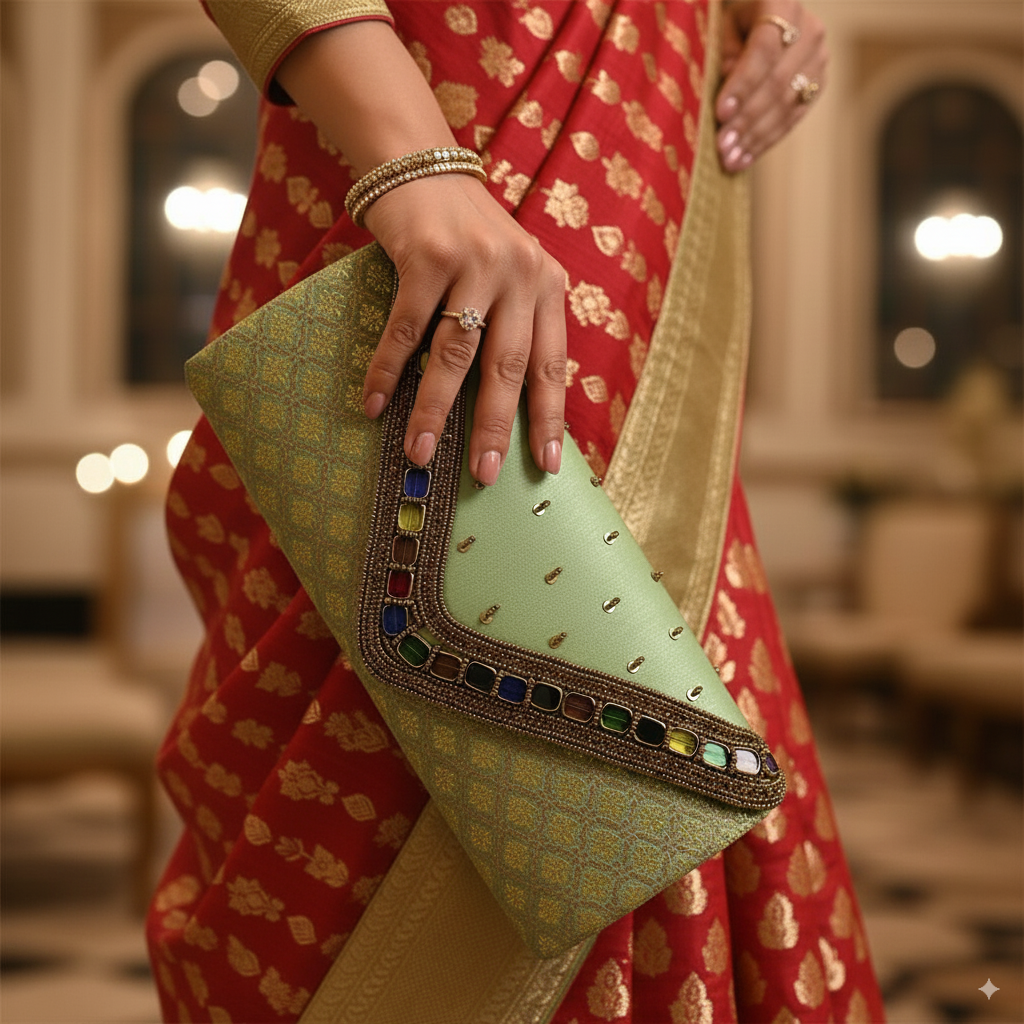 Embellished Clutch with Jewel Accents and Gold Detailing - Light Green