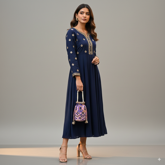 Elegant Embroidered Potli Bag with Pearl Handle