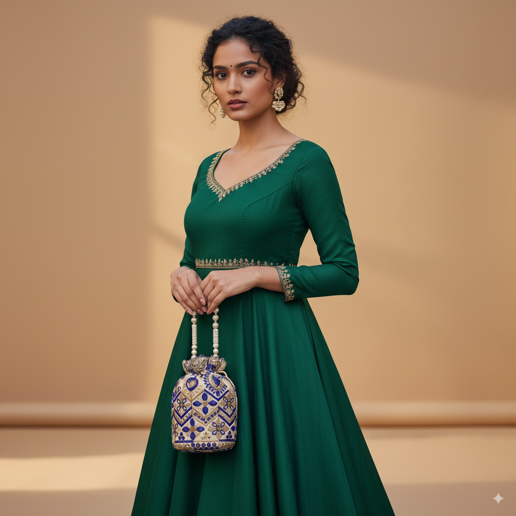 Elegant Embroidered Potli Bag with Pearl Handle - Cream