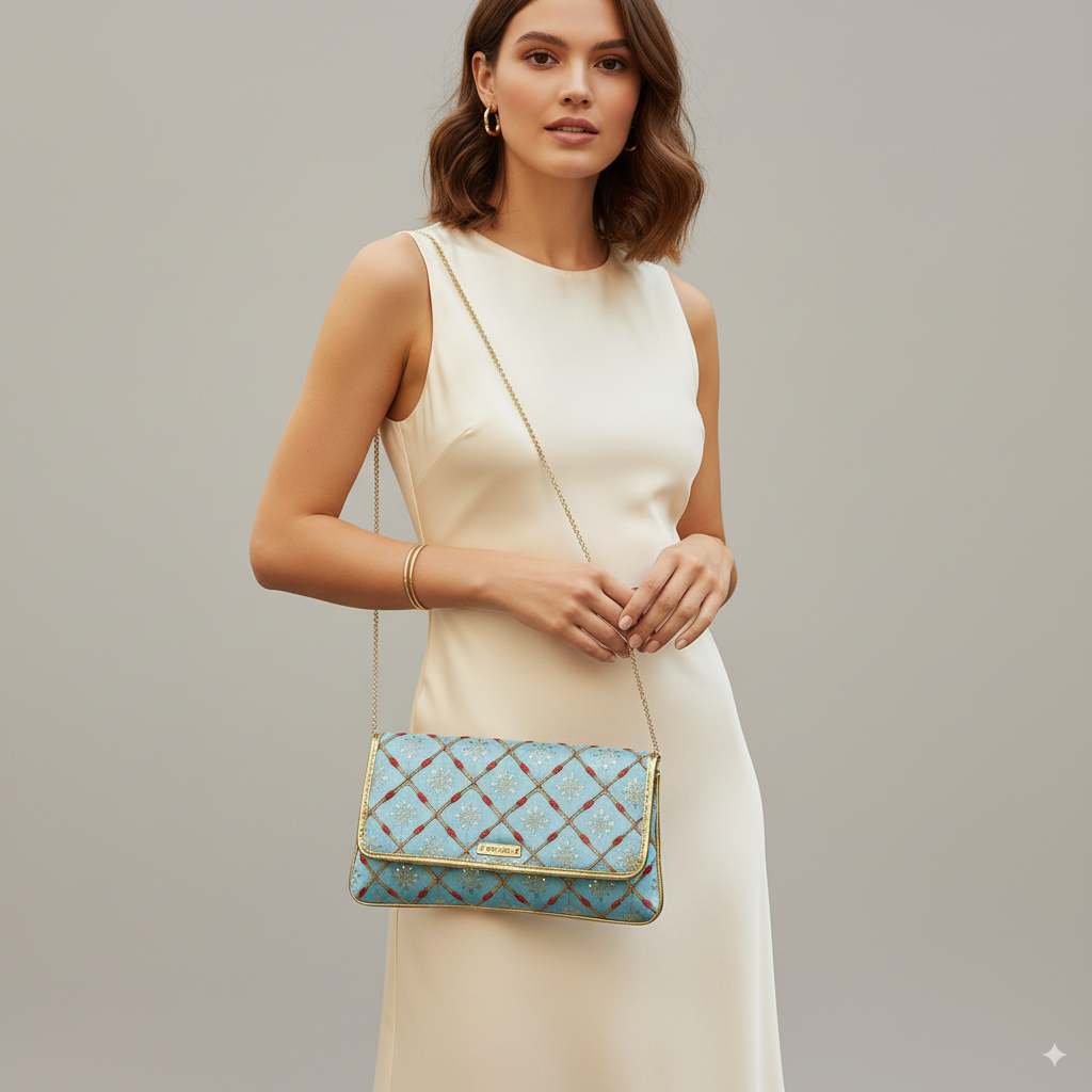 Embroidered Clutch with Gold Detailing Accents