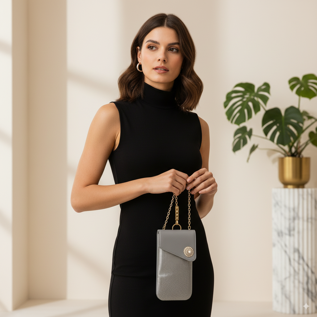 Sling Pouch with Heart Charm Accent - Grey