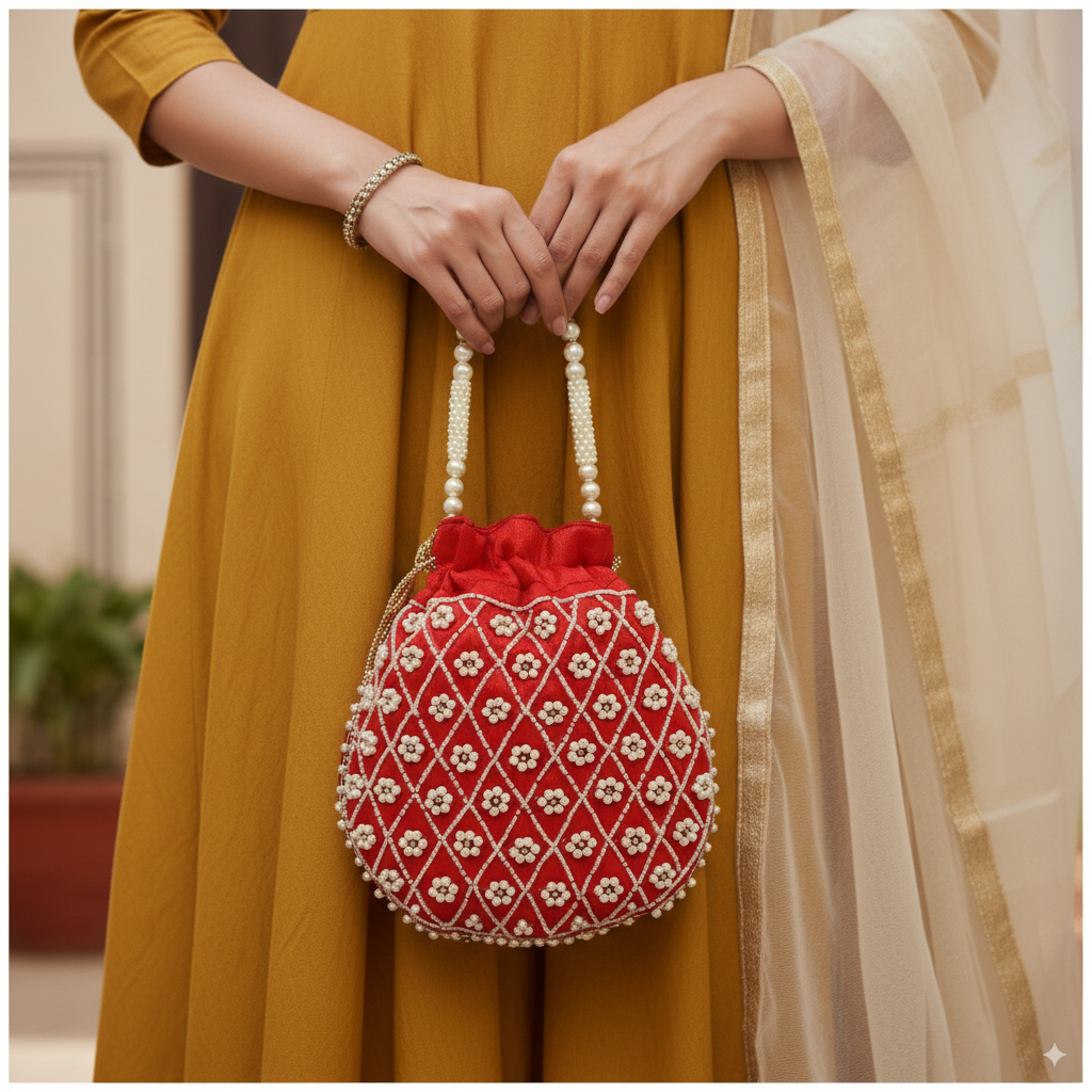Regal Pearl-Embroidered Potli Bag