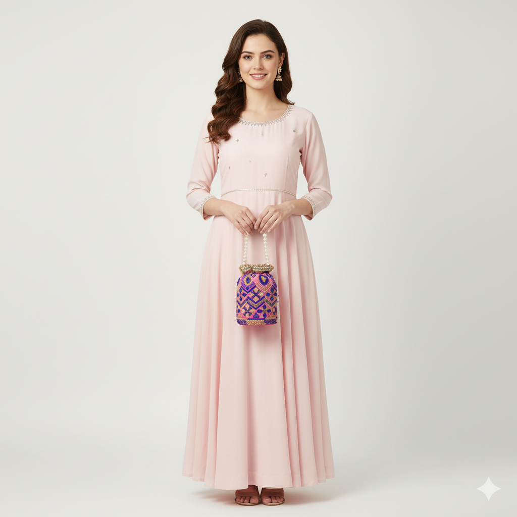 Elegant Embroidered Potli Bag with Pearl Handle - Dark Pink