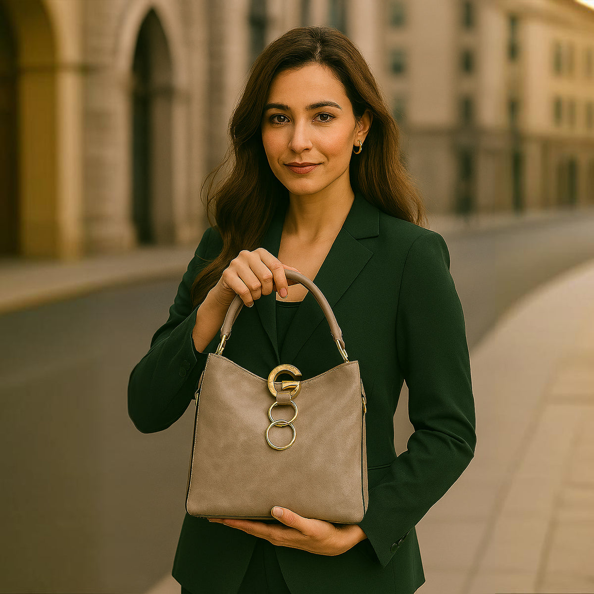 Taupe Metallic Ring Accent Hobo Bag