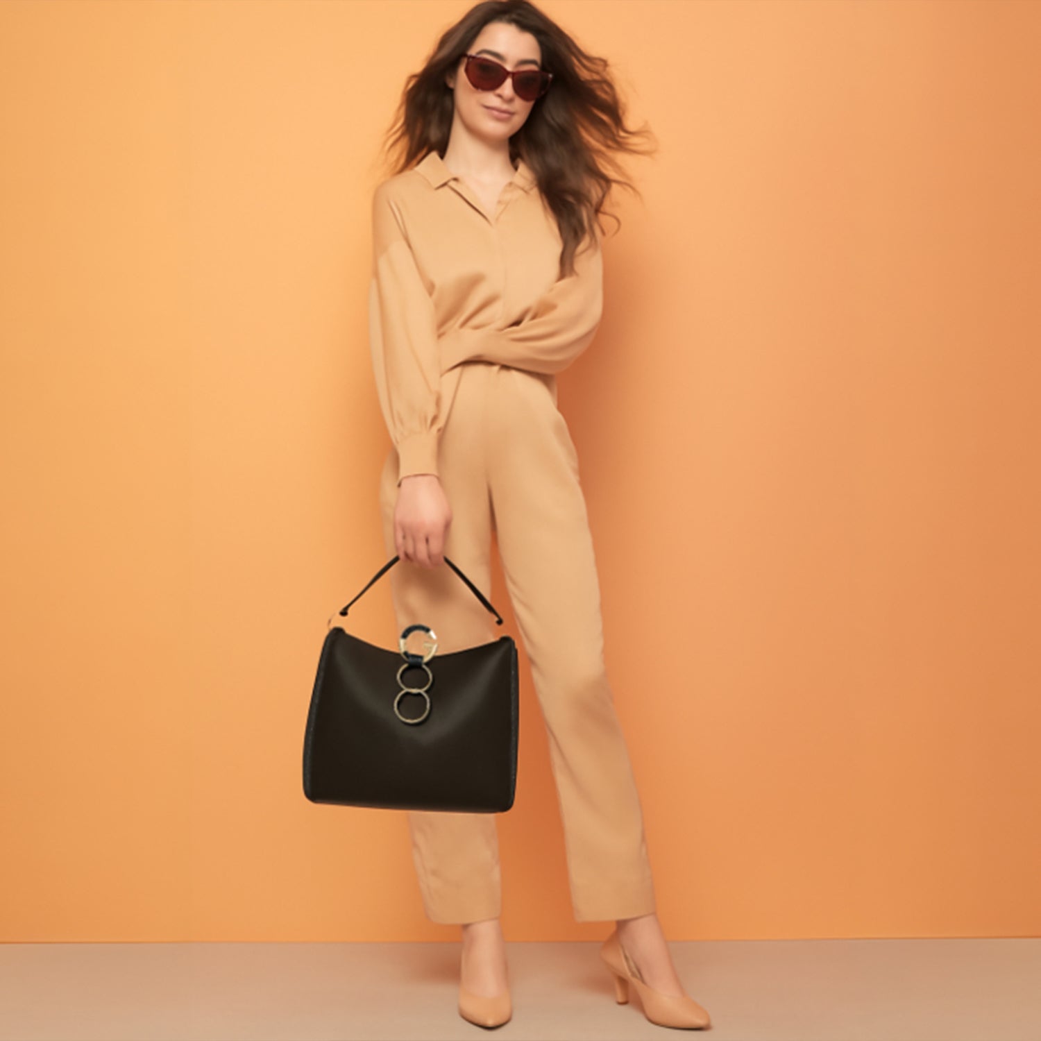 Taupe Metallic Ring Accent Hobo Bag - Black