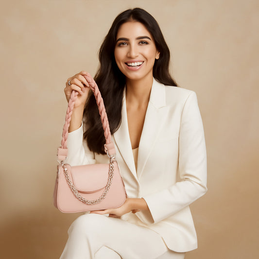 Blush Braided Handle Shoulder Bag with Chain Detail