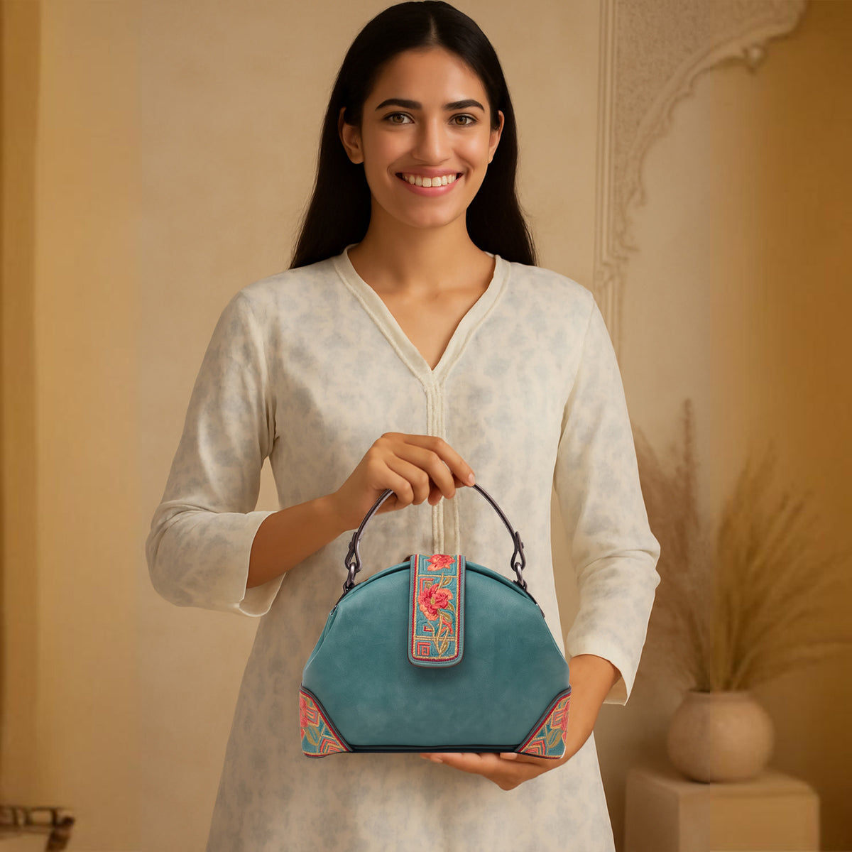 Embroidered Dome-Shape Handbag with Floral Detail