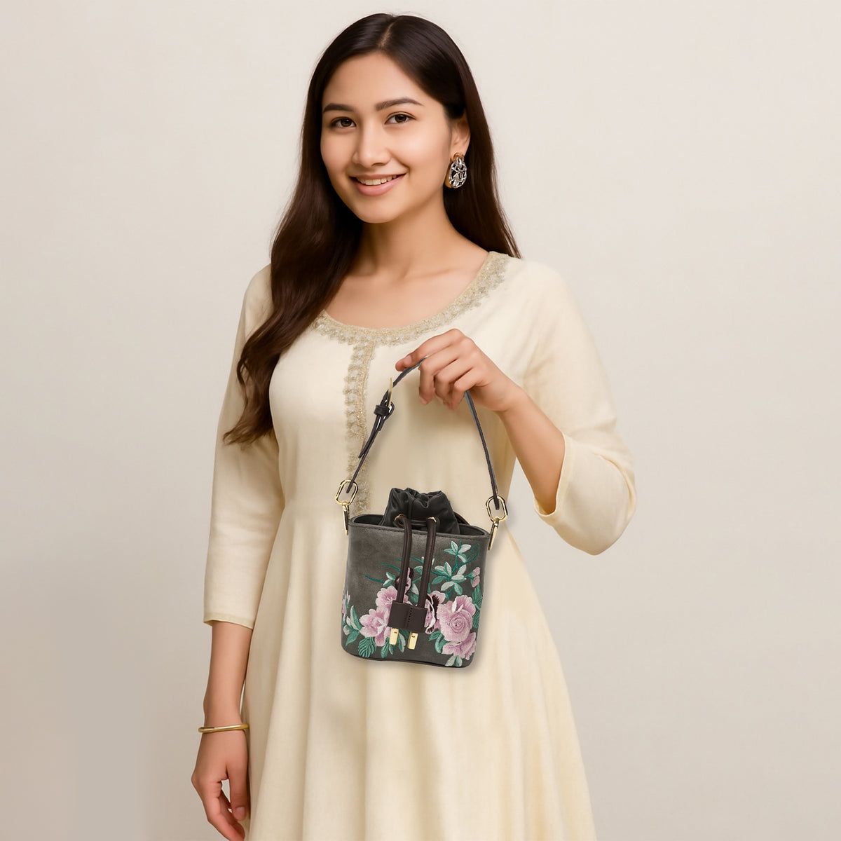 Floral Embroidered Charcoal Bucket Bag with Drawstring Closure
