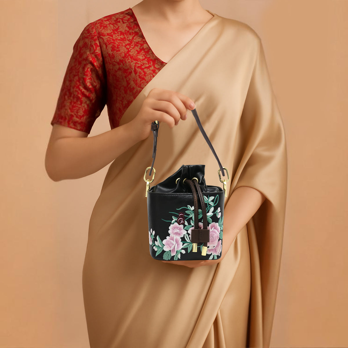 Floral Embroidered Charcoal Bucket Bag with Drawstring Closure