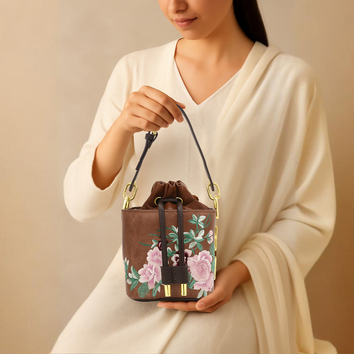 Floral Embroidered Charcoal Bucket Bag with Drawstring Closure