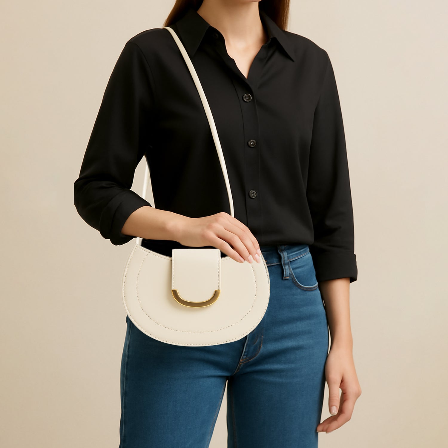 Mini Sling Bag with Gold Accent - Cream