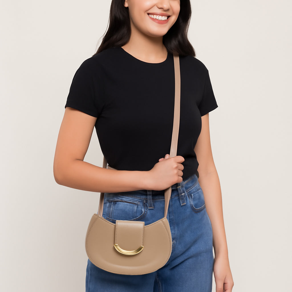 Mini Sling Bag with Gold Accent - Beige
