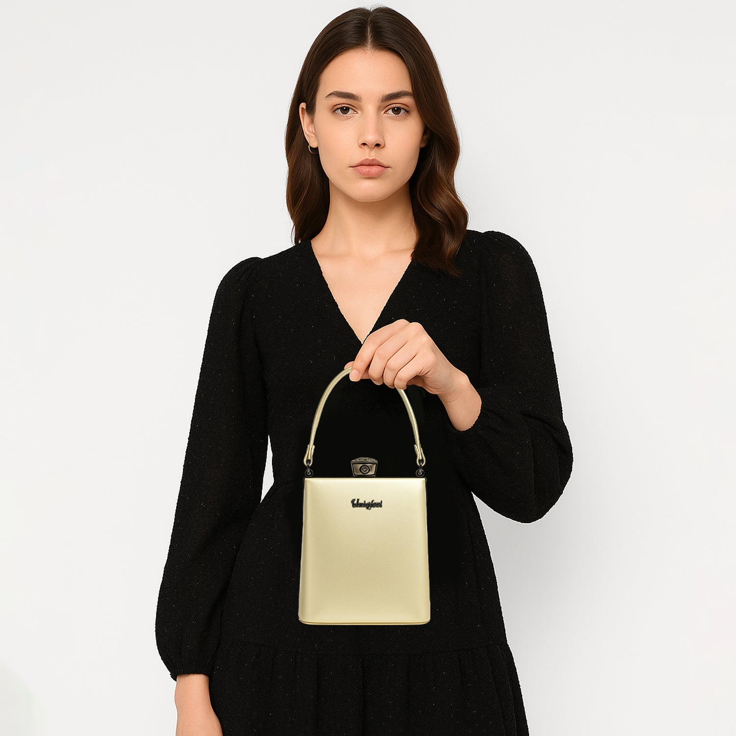 Metallic Box Clutch Handbag with Crown Lock - Gold