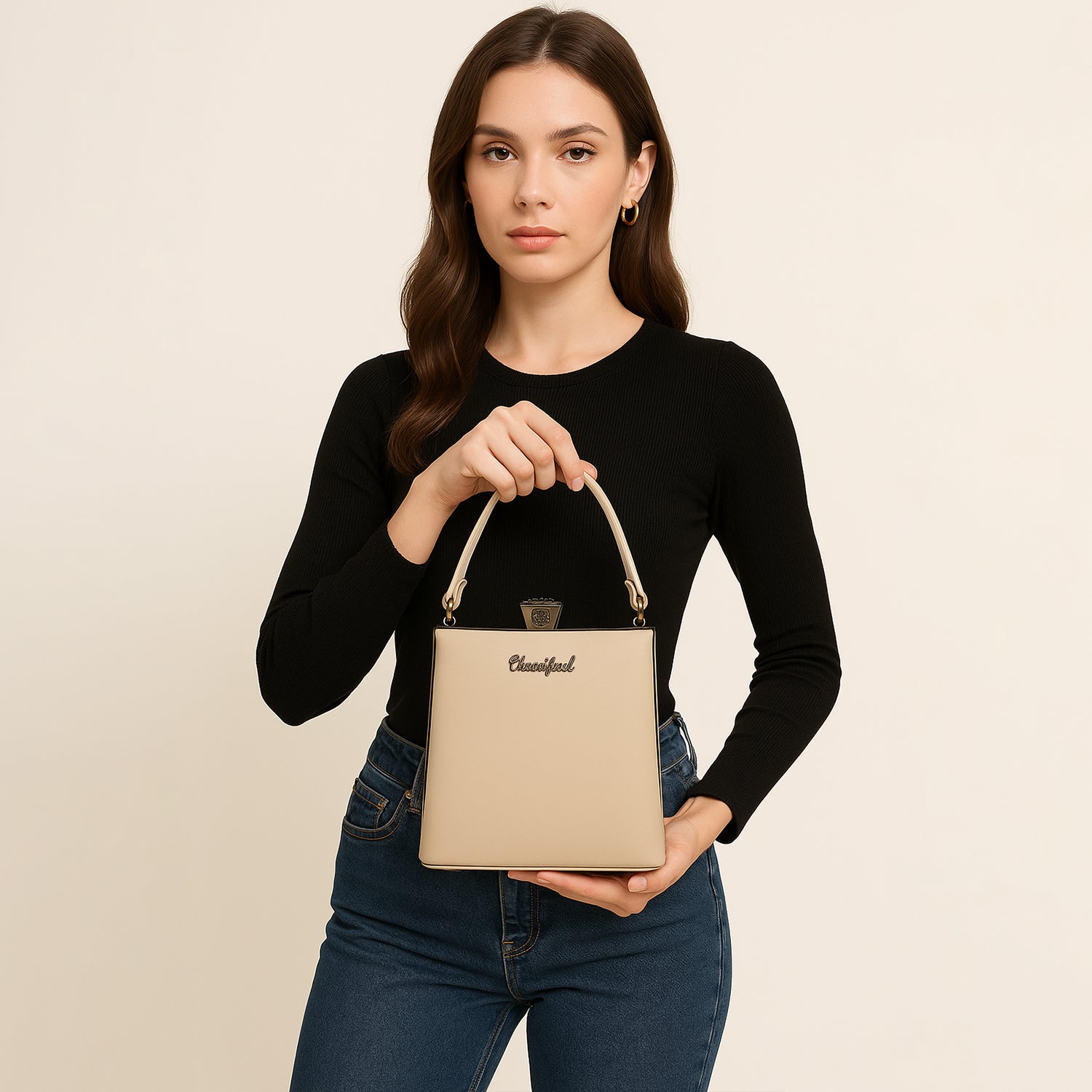 Metallic Box Clutch Handbag with Crown Lock - Beige