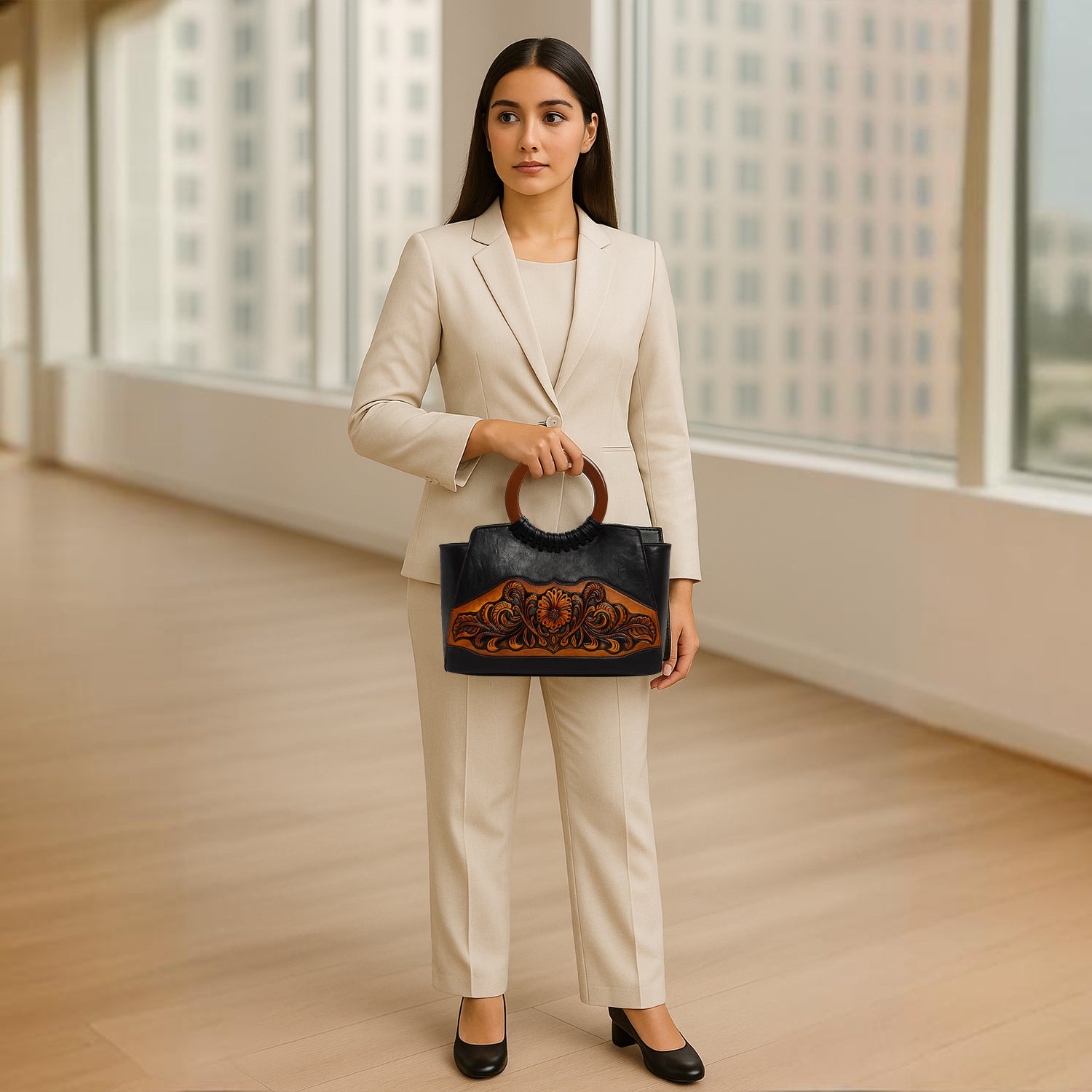 Vintage Leather Carved Floral Handle Bag with Round Resin Handle - Black